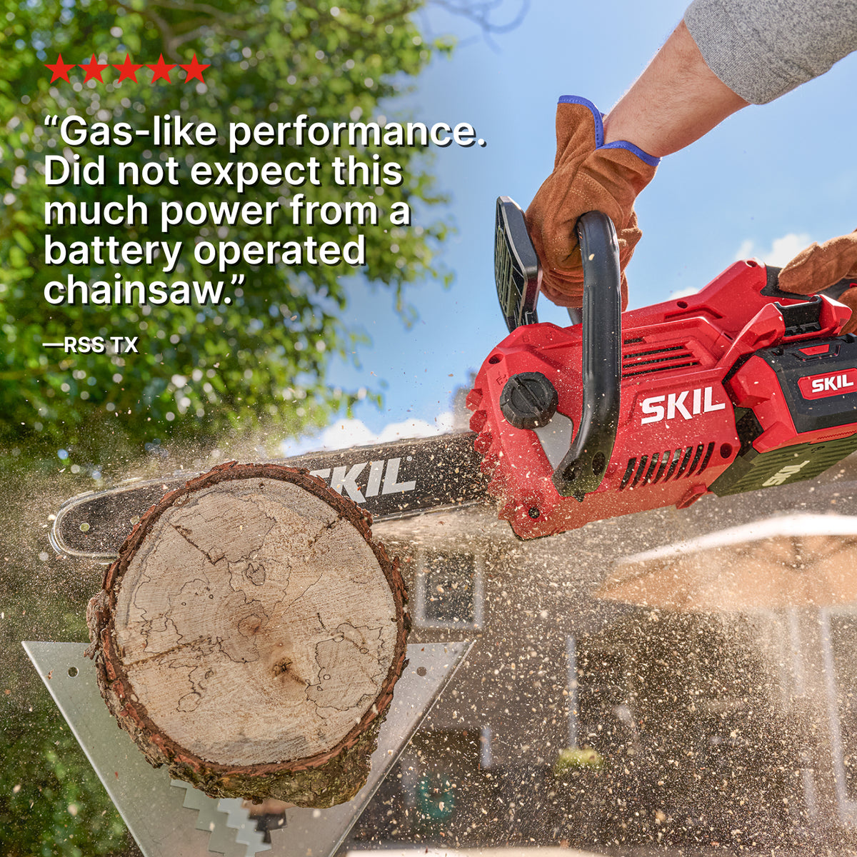 The SKIL 40V 14 In. Chain Saw cutting a log alongside a five-star customer review that says “Gas-like performance. Did not expect this much power from a battery-operated chainsaw.”