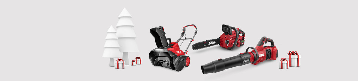 A selection of SKIL outdoor power tools surrounded by holiday gifts with a stylized white tree in the background