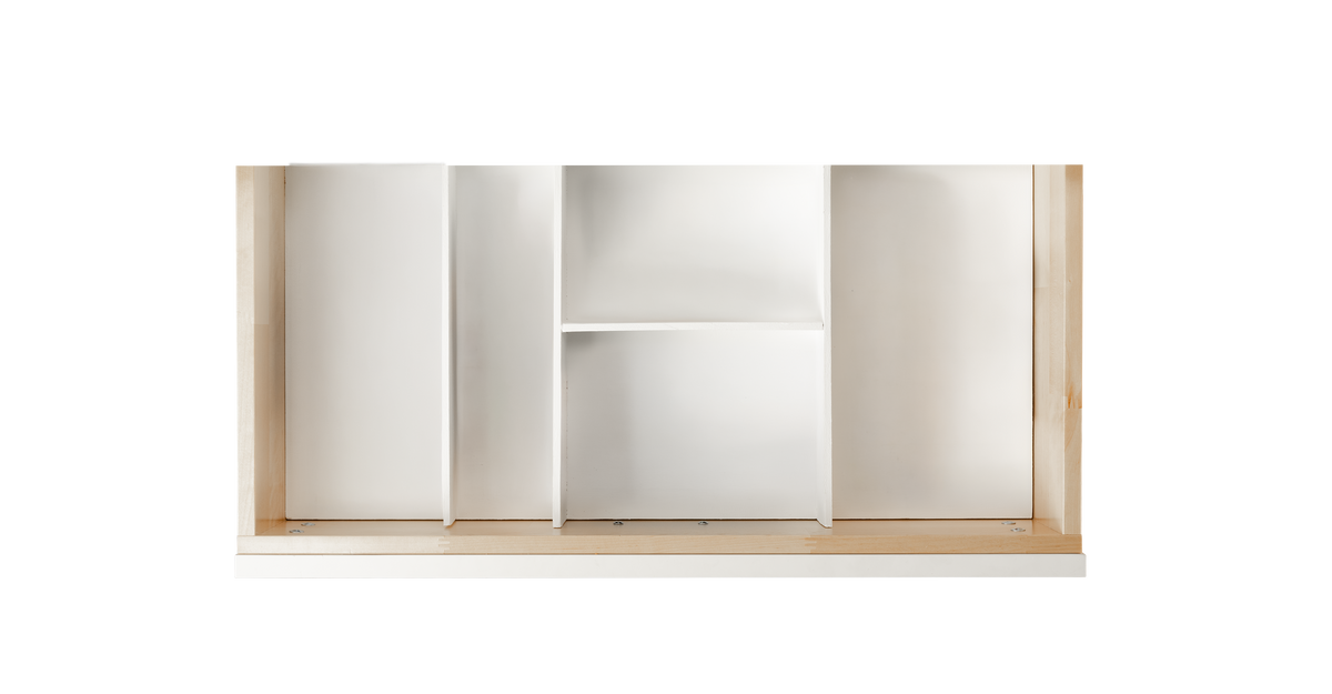 A minimalist wall-mounted open shelving unit with a light natural wood frame and white interior compartments, shown against a solid white background.