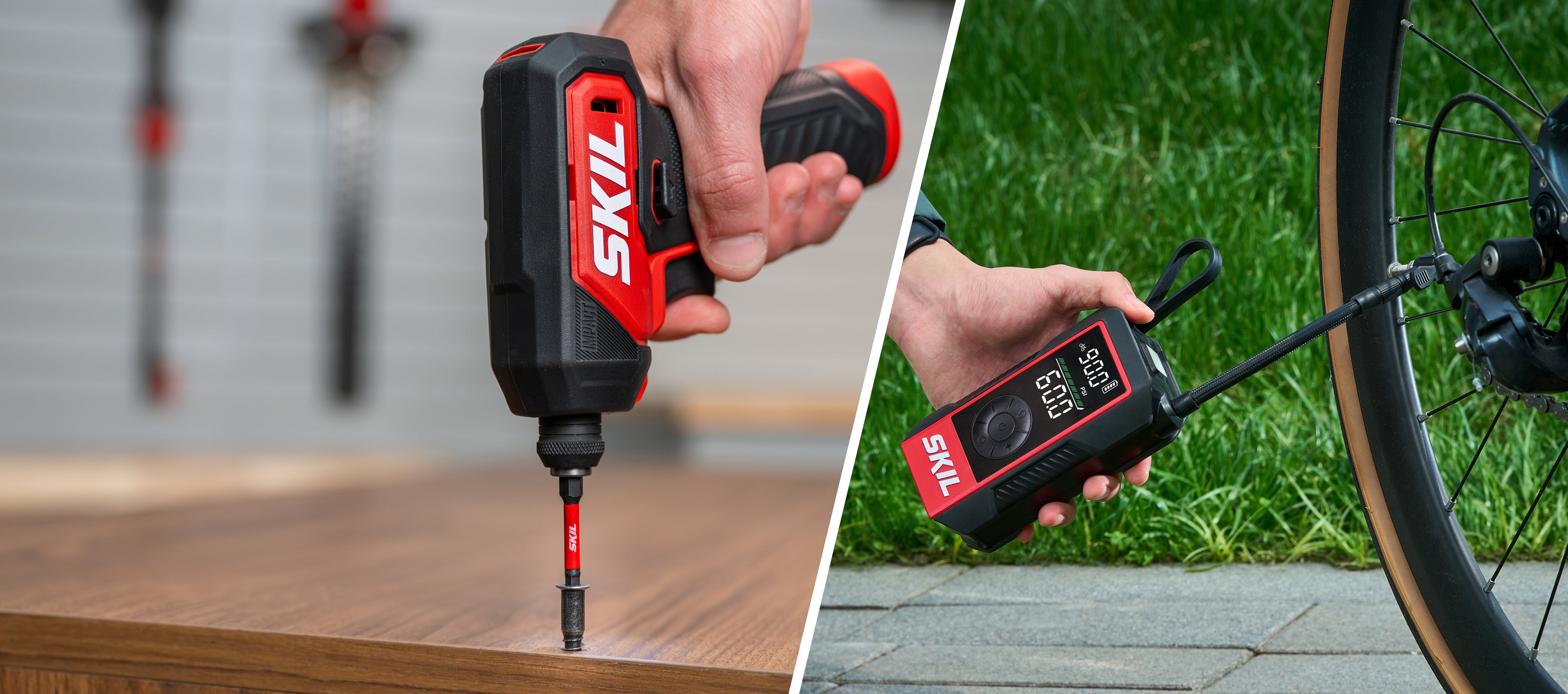 Atornillador eléctrico e inflador compacto SKIL PWRCORE GO™ en acción, con encabezado “Agarrar y usar”.