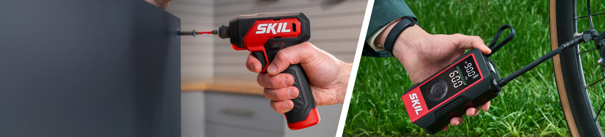SKIL PWRCORE GO™ power driver and compact inflator in use, highlighting palm-sized power for everyday tasks.
